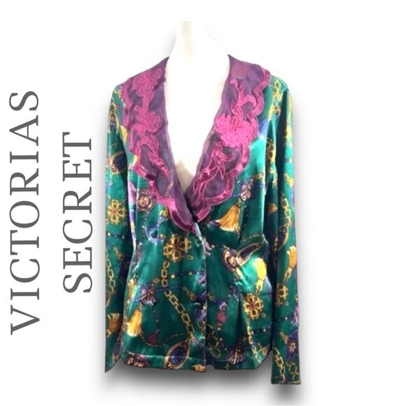 VICTORIAS SECRET🎄VTG PAJAMA SET Satiny teal green purple gold tassel print SZ SM - Picture 2 of 12
